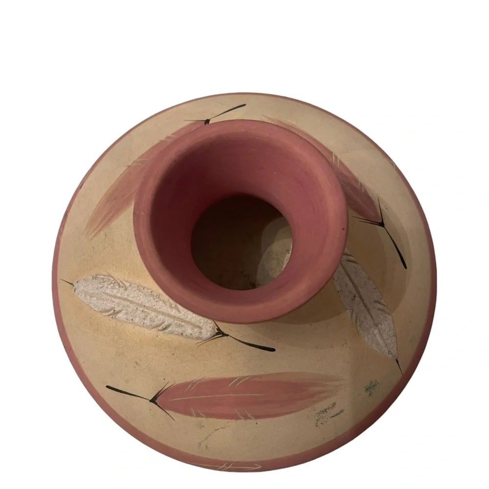 Art Pottery Southwestern Rose Feather Hand Painted Vase #12 Signed